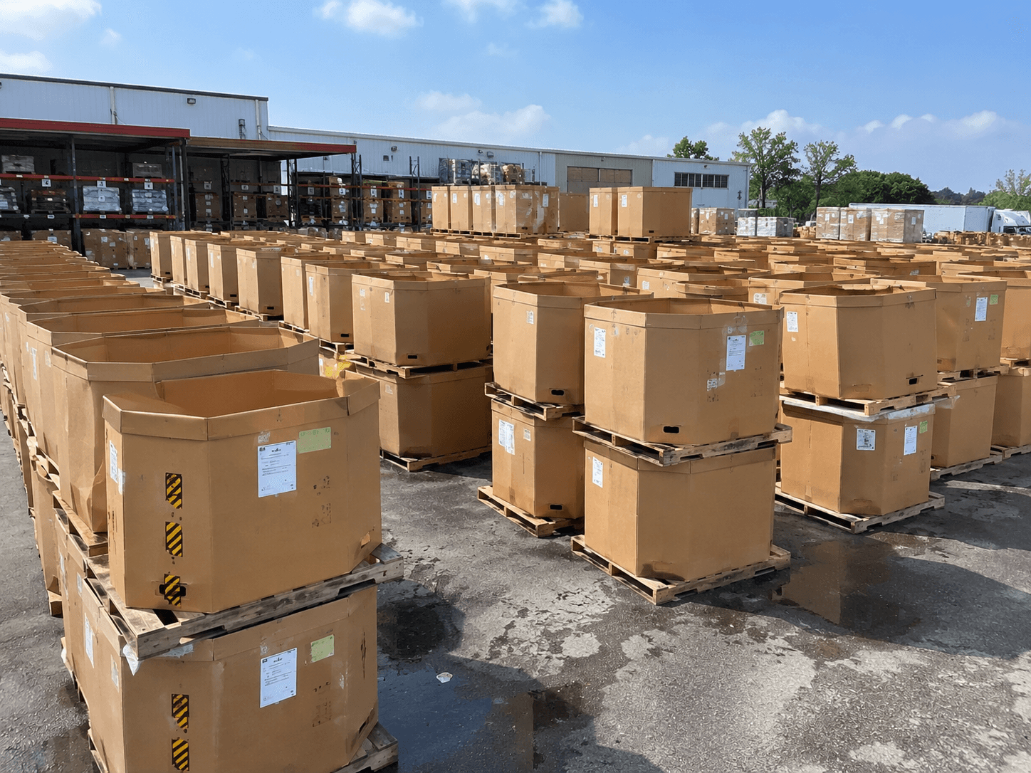 Rows of Gaylord boxes on pallets in the outdoor yard under a blue sky
