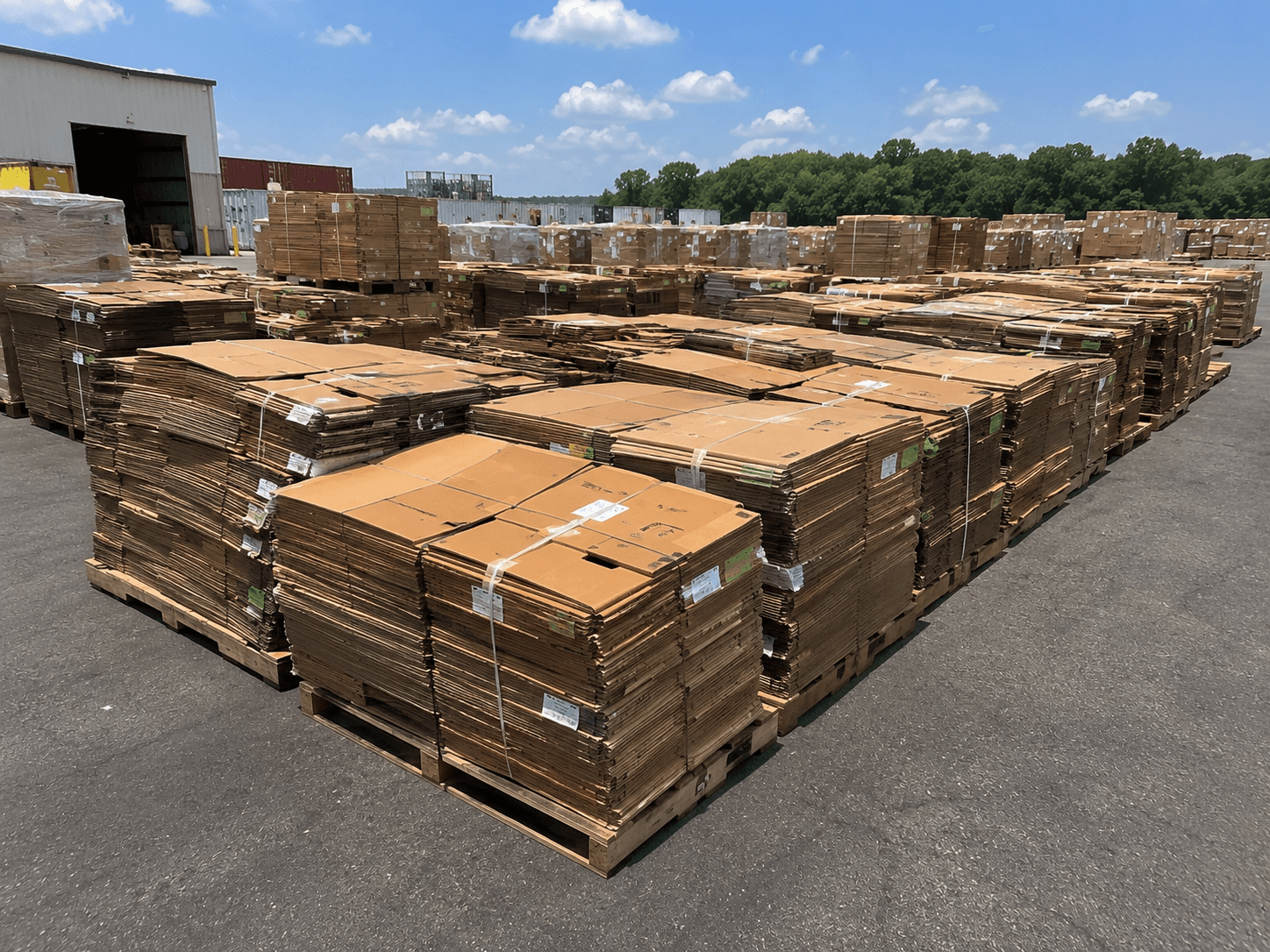 Pallets of flattened, banded corrugated boxes stacked in the yard